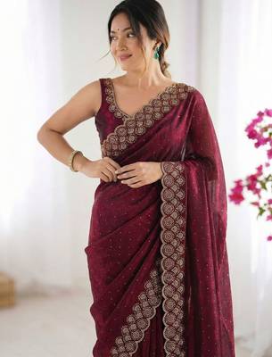 maroon embellished embroidered silk blend heavy work saree 4