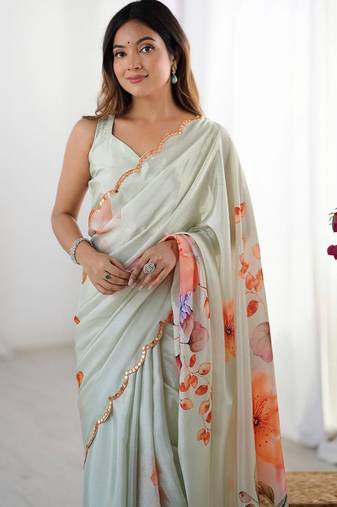 sea_green floral printed mirror work pure chiffon saree with blouse