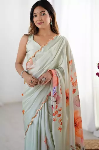 sea_green floral printed mirror work pure chiffon saree with blouse