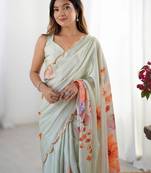 sea_green floral printed mirror work pure chiffon saree with blouse
