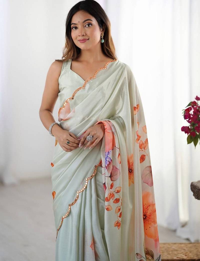 sea_green floral printed mirror work pure chiffon saree with blouse