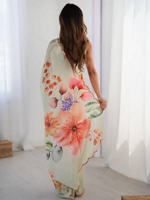 sea_green floral printed mirror work pure chiffon saree with blouse 3