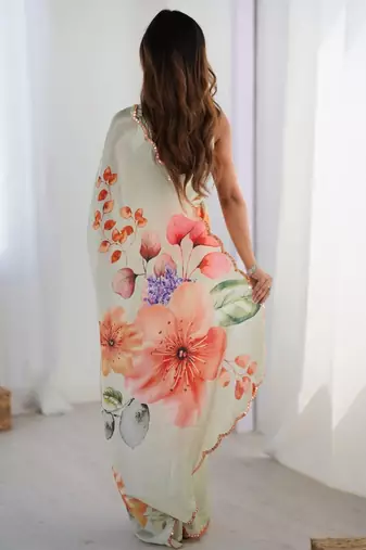 sea_green floral printed mirror work pure chiffon saree with blouse