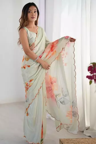 sea_green floral printed mirror work pure chiffon saree with blouse