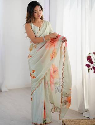 sea_green floral printed mirror work pure chiffon saree with blouse 5