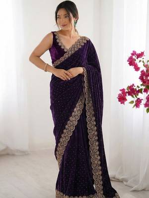 purple embellished embroidered silk blend heavy work saree 1