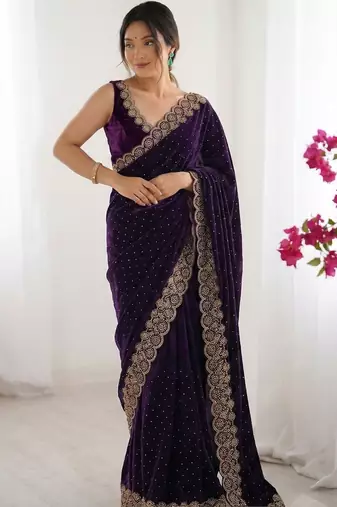 purple embellished embroidered silk blend heavy work saree