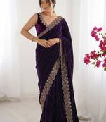 purple embellished embroidered silk blend heavy work saree