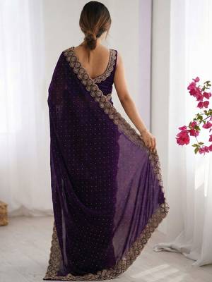 purple embellished embroidered silk blend heavy work saree 2