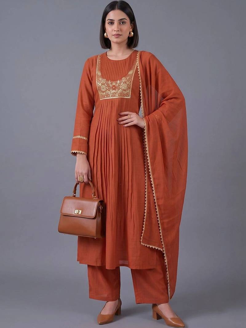 women ethnic motifs embroidered pleated mirror work kurta with trousers & with dupatta