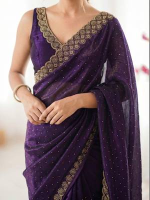 purple embellished embroidered silk blend heavy work saree 4