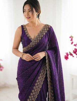 purple embellished embroidered silk blend heavy work saree 5