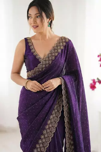 purple embellished embroidered silk blend heavy work saree