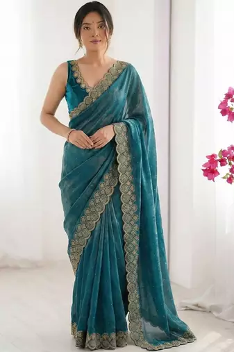 teal embellished zari silk blend saree