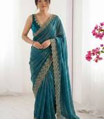 teal embellished zari silk blend saree