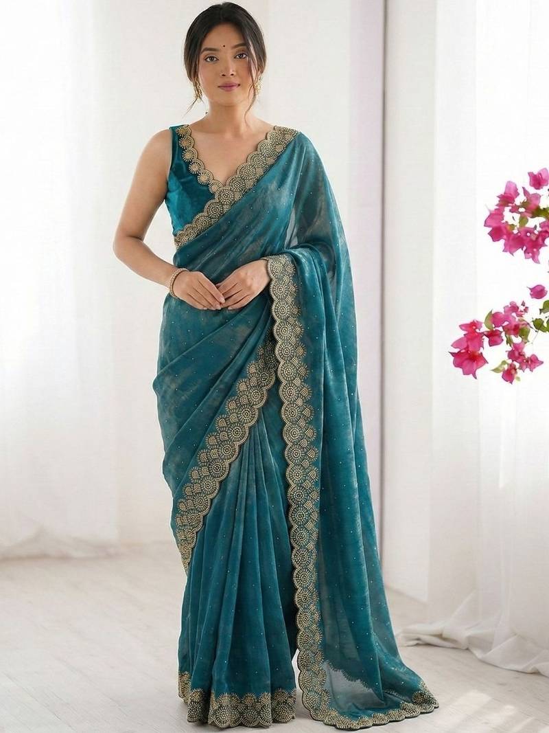 teal embellished zari silk blend saree
