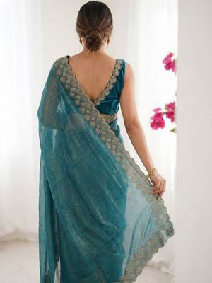 teal embellished zari silk blend saree 2