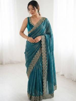 teal embellished zari silk blend saree 3