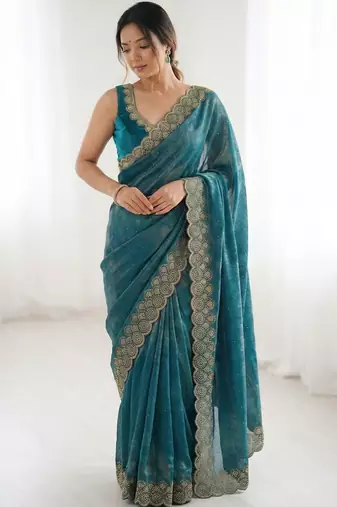 teal embellished zari silk blend saree