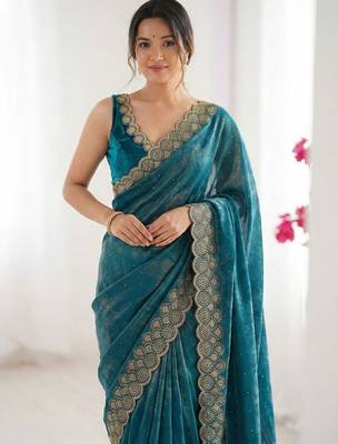 teal embellished zari silk blend saree 5