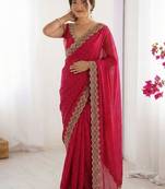 red embellished embroidered silk blend heavy work saree