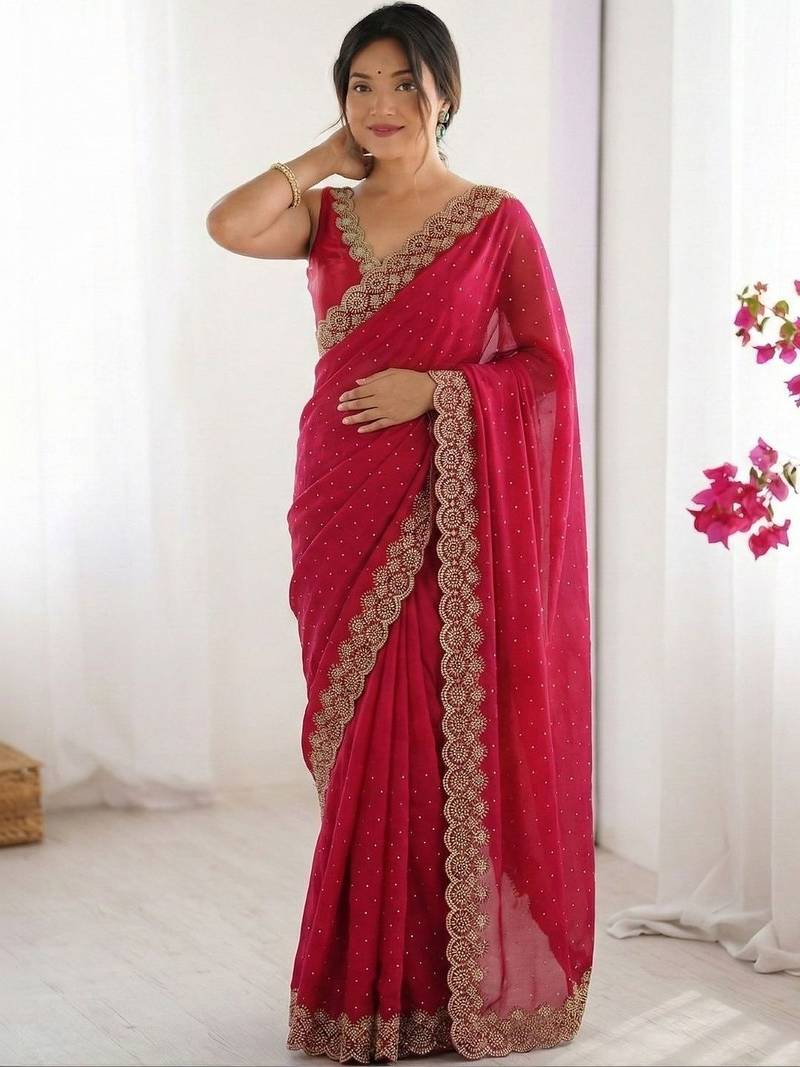 red embellished embroidered silk blend heavy work saree