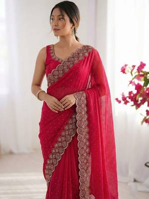 red embellished embroidered silk blend heavy work saree 2