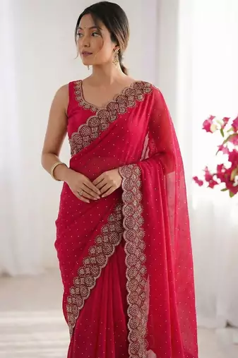red embellished embroidered silk blend heavy work saree