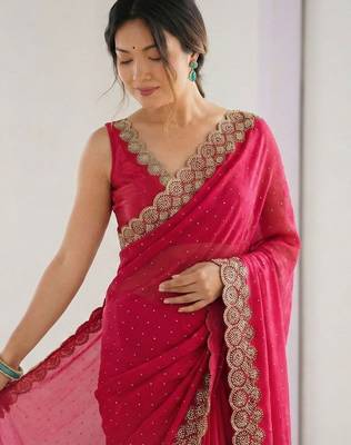 red embellished embroidered silk blend heavy work saree 3