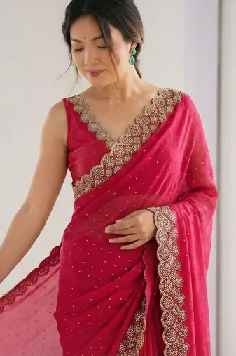 red embellished embroidered silk blend heavy work saree