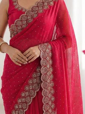 red embellished embroidered silk blend heavy work saree 4