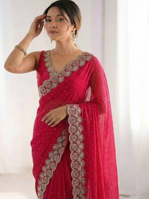 red embellished embroidered silk blend heavy work saree 5