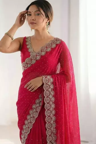 red embellished embroidered silk blend heavy work saree