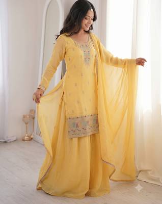 Yellow embroidered kurta with sharara & dupatta set 1