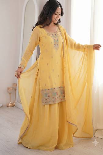 Yellow embroidered kurta with sharara & dupatta set