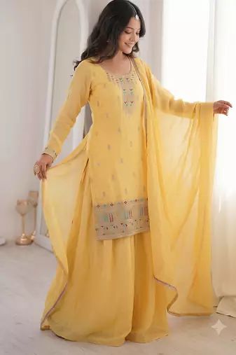 Yellow embroidered kurta with sharara & dupatta set