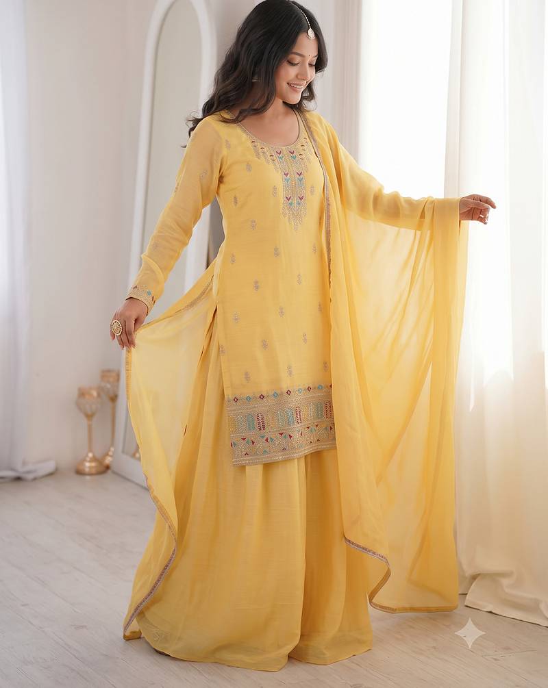 Yellow embroidered kurta with sharara & dupatta set