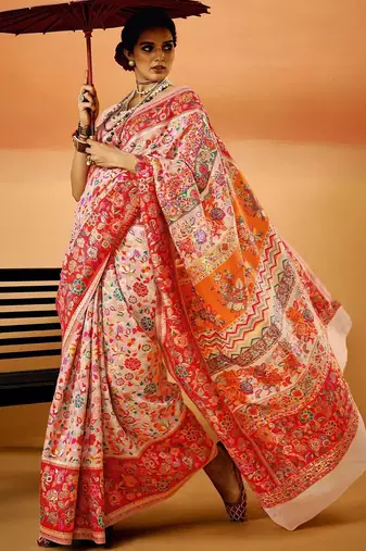pink woven design floral zari saree
