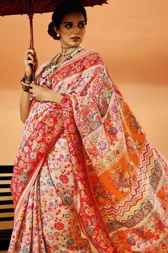 pink woven design floral zari saree