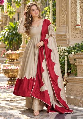 Beige&maroon roman silk readymade anarkali with embroidery work 1