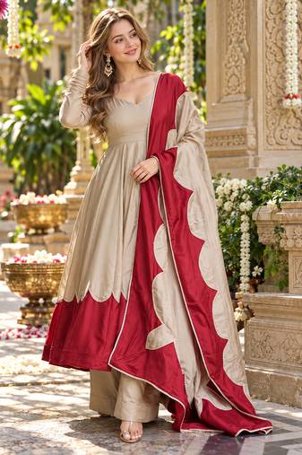 Beige&maroon roman silk readymade anarkali with embroidery work