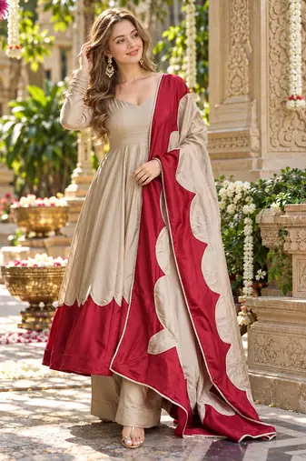 Beige&maroon roman silk readymade anarkali with embroidery work