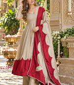 Beige&maroon roman silk readymade anarkali with embroidery work
