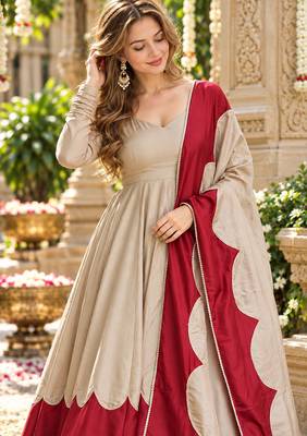 Beige&maroon roman silk readymade anarkali with embroidery work 2