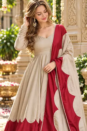 Beige&maroon roman silk readymade anarkali with embroidery work
