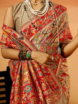 beige woven design zari saree 4