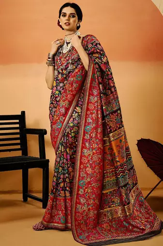 black women floral printed zari saree