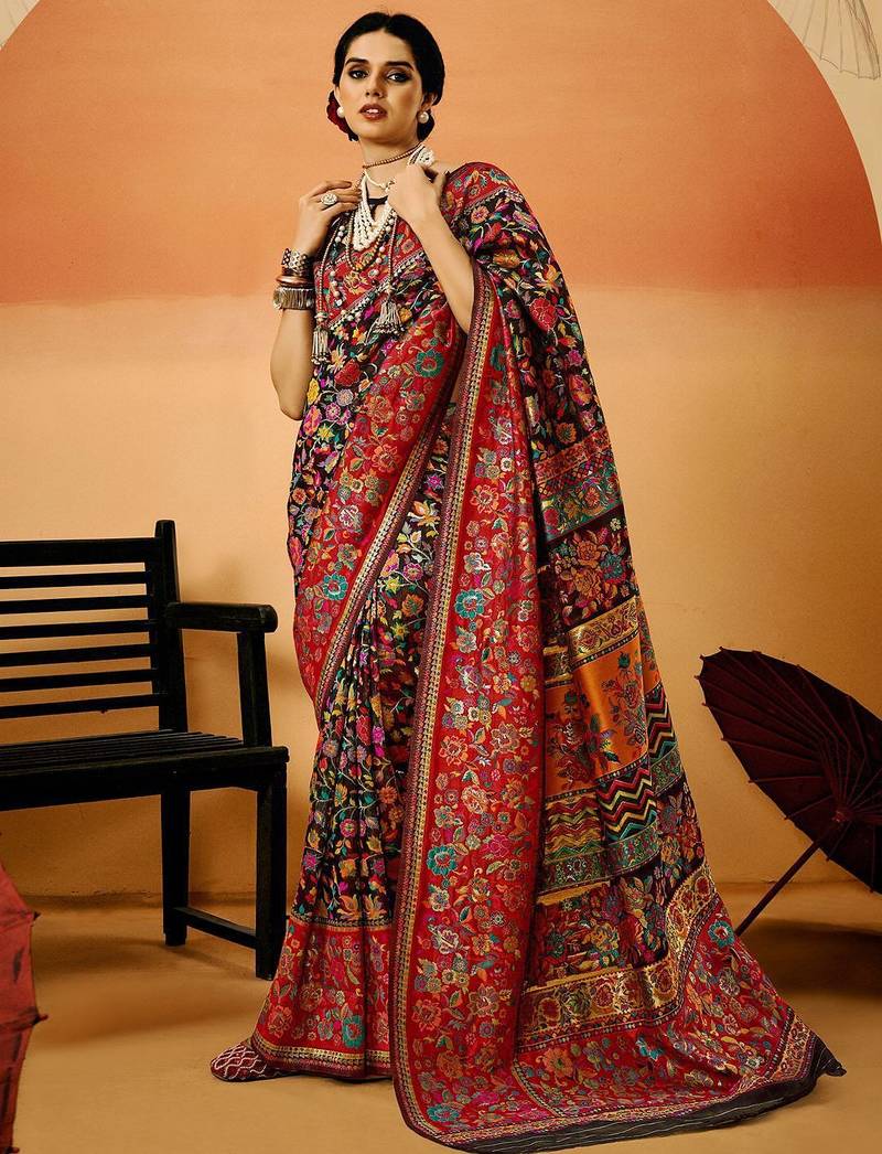 black women floral printed zari saree