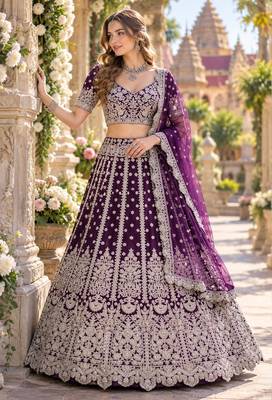 Purple Net Semi Stitched Lehenga Choli with Embroidery & Sequence Work 1