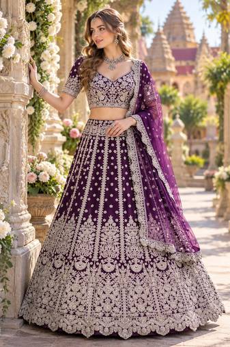 Purple Net Semi Stitched Lehenga Choli with Embroidery & Sequence Work